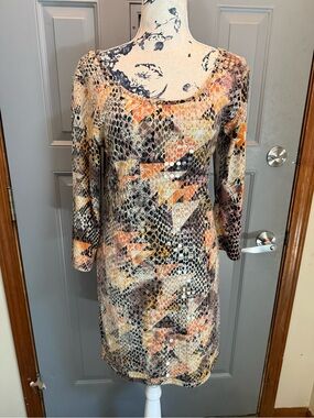 Derek Heart- Tan, Orange & Black Sequin Geometric Snake-Print Dress (Med)